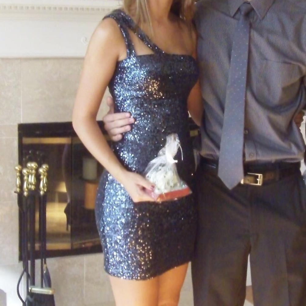 Navy blue one shoulder sequin bodycon dress